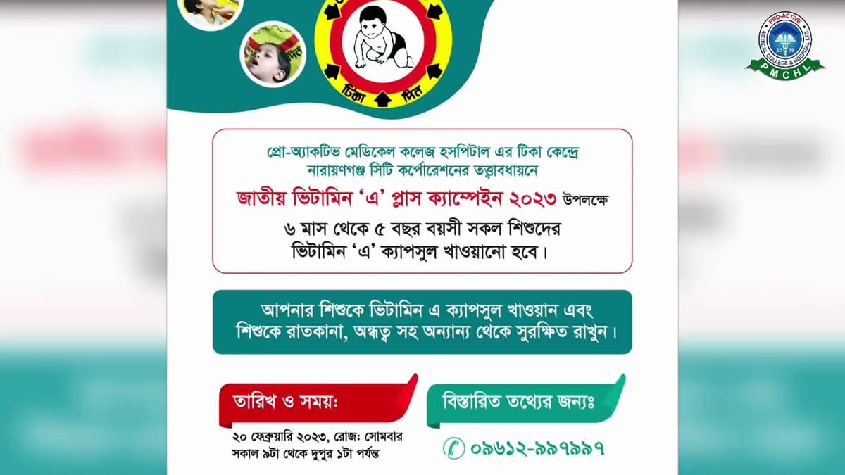 প্রো-অ্যাকটিভ টিকা কেন্দ্রে জাতীয় ভিটামিন 'এ' প্লাস ক্যাম্পেইন ২০২৩